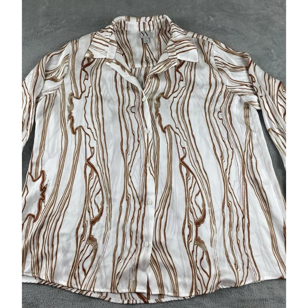 Worthington Women's Blouse XL Ivory Brown Button Up Casual C16
